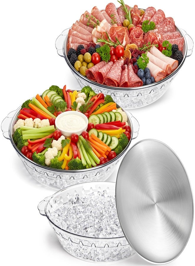 DEAYOU 3 Set 11.8" Chilled Serving Tray for Parties, Round Shrimp Cocktail Serving Dish with Ice Compartment, Ice Serving Bowl Cold Platter for Appetizer, Fruit, Veggie, Salad, Buffet, Keep Food Cold - Image 1