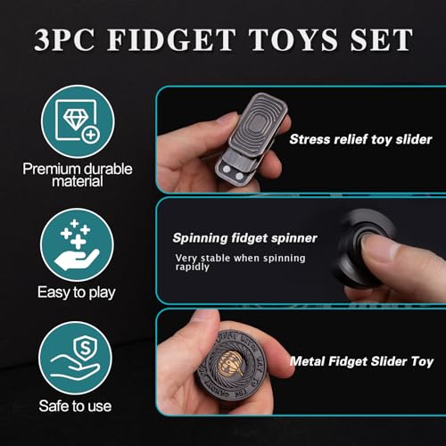 D.G.PLAYER Fidget Toys Adults Set, Metal Fidget Slider, Spinner and Haptic Coin, Decompression Metal EDC Cool Figette Toys for Adults Anxiety Relieve Stress, Greater Focus, 3 Pack Black - Image 2