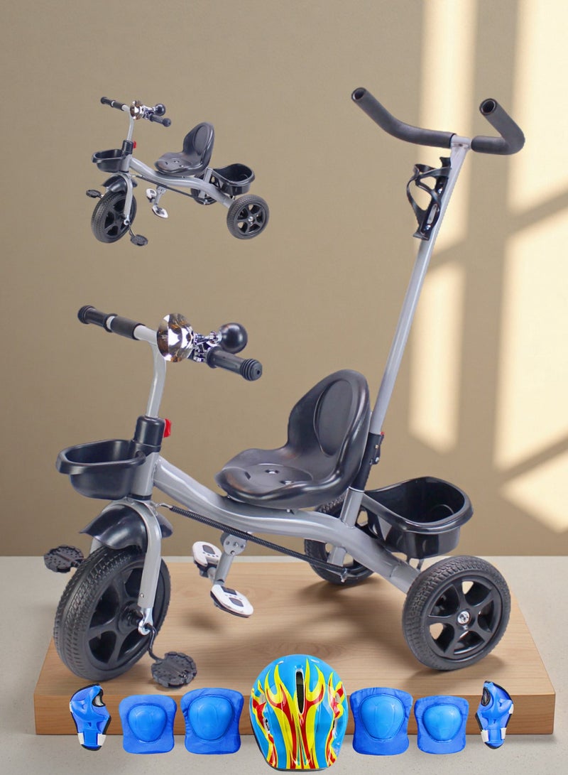 إيزي فيتشور دراجة ثلاثية العجلات للأطفال من EASY FUTURE مزودة بمقبض دفع للوالدين مع سلة تخزين (رمادي، أحمر، وردي، يمكن الاختيار) تتضمن العبوة مجموعة كاملة من معدات الحماية - Image 1