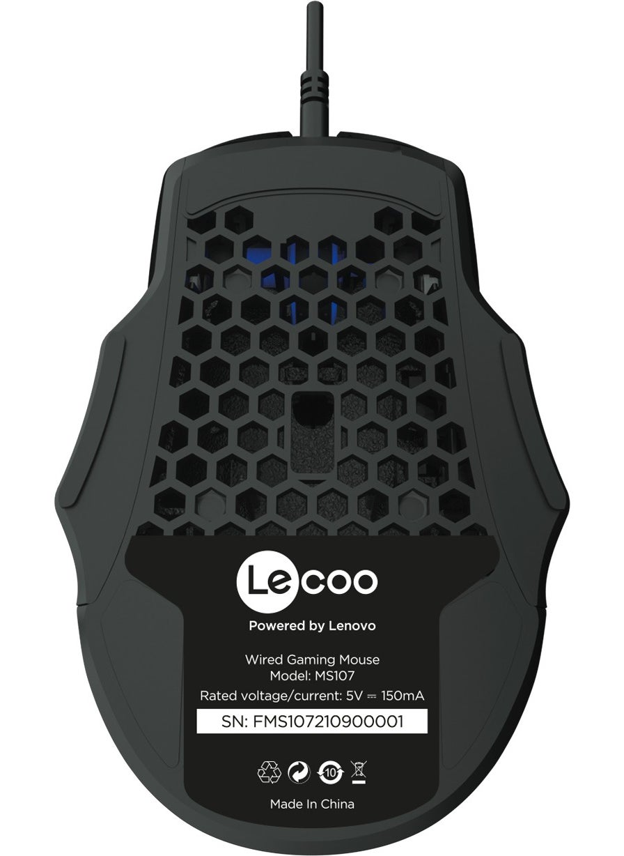 lecoo - Lenovo MS107 Wired RGB LED Illuminated 3200DPI 7-Button Gaming Mouse Black - Image 1