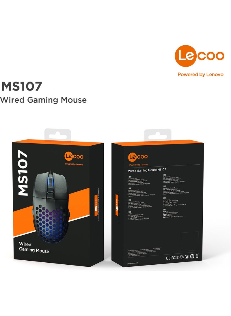 lecoo - Lenovo MS107 Wired RGB LED Illuminated 3200DPI 7-Button Gaming Mouse Black - Image 1