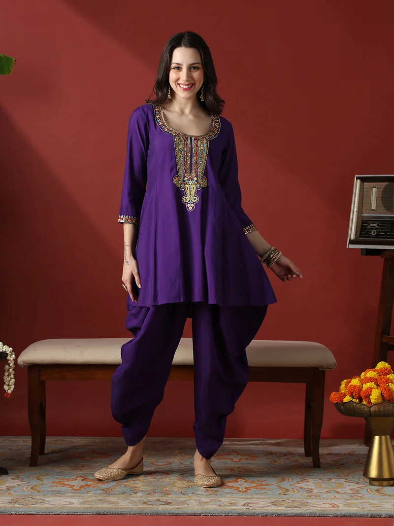 Globus Women Purple Sequinned & Embroidered Yoke A-Line Tunic With Dhoti Pants Festive Co-Ord Set
