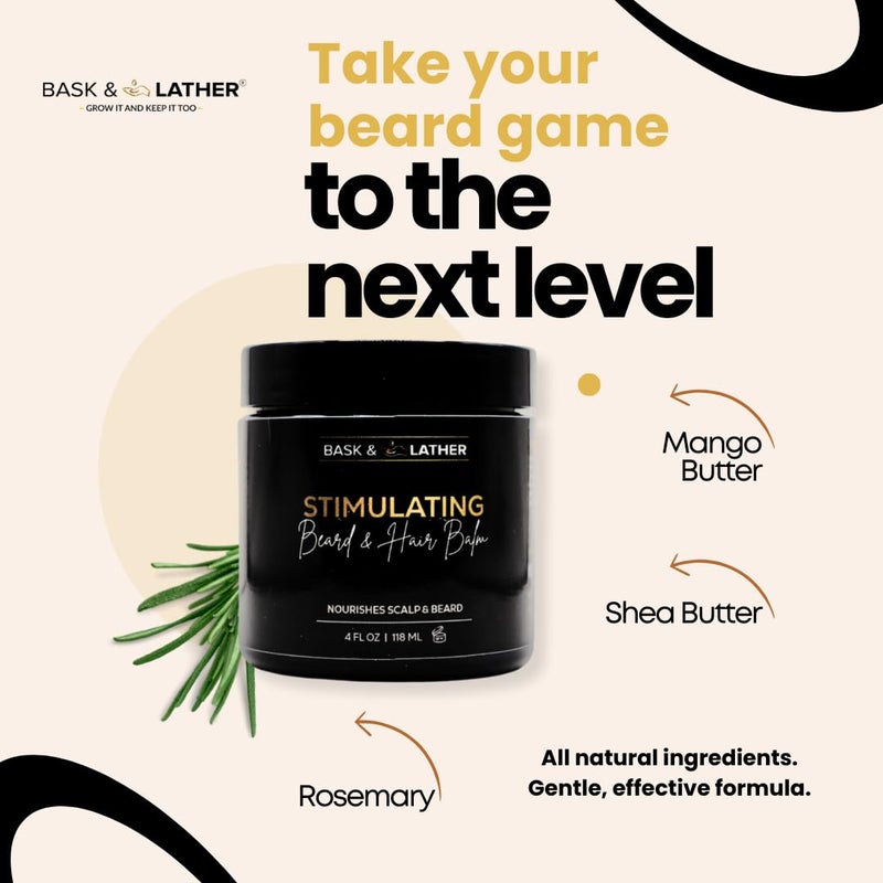 BASK & LATHER Stimulating Hair & Beard Balm, Leave-in Conditioner With Essential Oils, Mango & Shea Butter, Supports Itchy or Dry Scalp for All Types, Strengthens & Shines Beards, 4 fl oz - Image 2