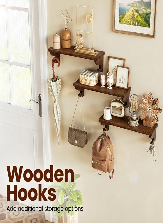 Alsonerbay Wood Floating Shelves for Wall 3 Pack, 17 inch Rustic Wall Shelves with Hook, Decorative Hanging Shelves for Bedroom Living Room Nursery Office and More Light Walnut - Image 2