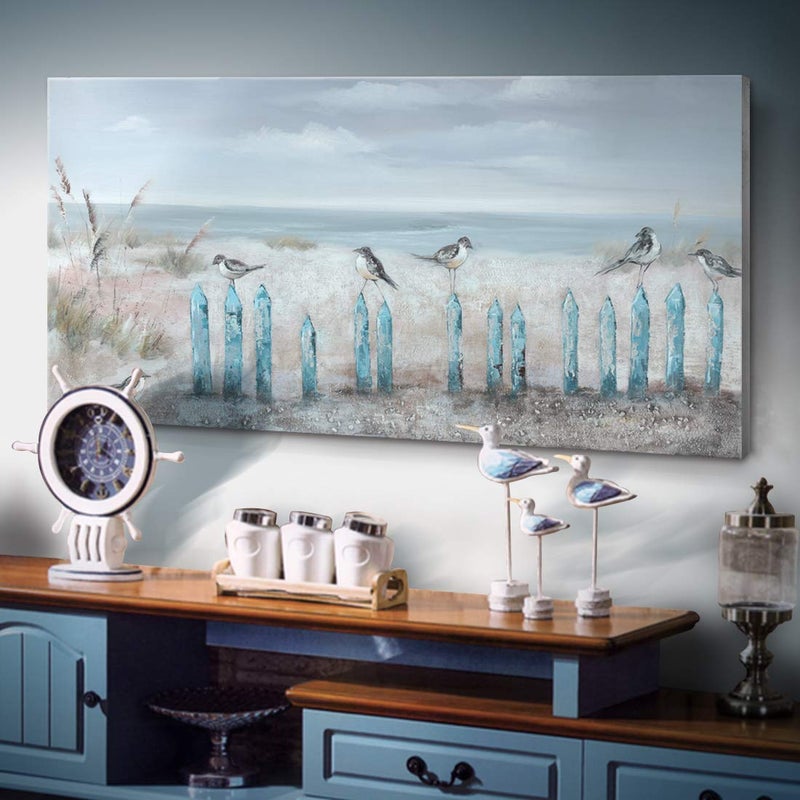 amatop Large Living Room Wall Art Hand-Painted 3D Seascape Canvas Oil Painting Ocean Beach Coastal Picture Artwork for Home Decorations Bedroom Office DÃ©cor 48x24inch - Image 1