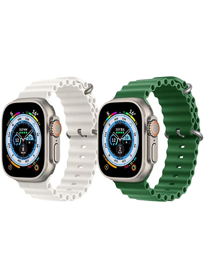 IAF Silicone Ocean Band Strap for Apple Watch Ultra 8 49mm White Single Color Strap with Green Single Color Strap Set of 2