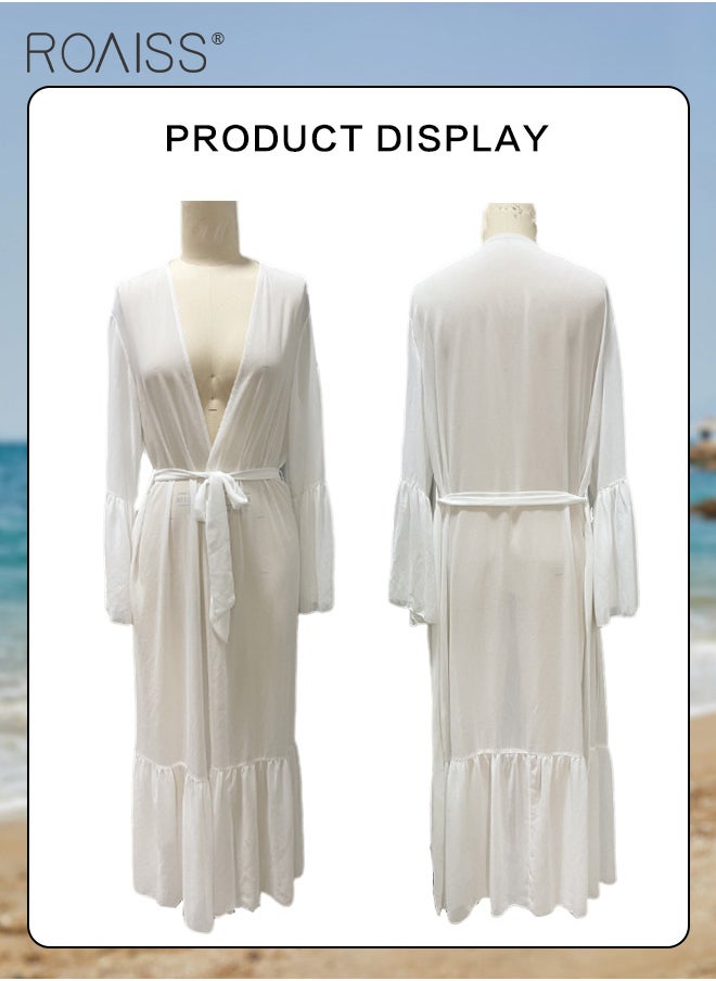 roaiss Chiffon Beach Cover Up Women's  Outdoor Travel Seaside Vacation Bikini Cardigan Ruffle Hem Sun Protection Long Sleeve  Ladies Solid Colour Dress for Summer Vacation  - Image 5