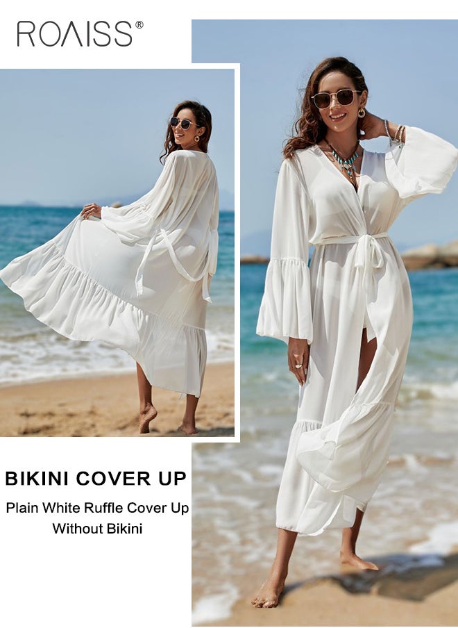 roaiss Chiffon Beach Cover Up Women's  Outdoor Travel Seaside Vacation Bikini Cardigan Ruffle Hem Sun Protection Long Sleeve  Ladies Solid Colour Dress for Summer Vacation  - Image 3