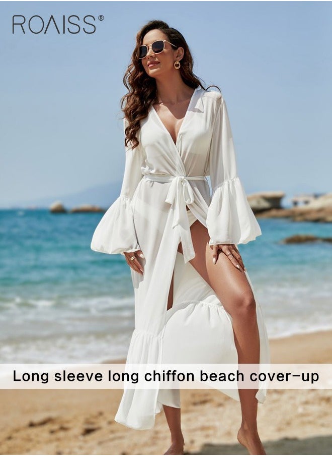 roaiss Chiffon Beach Cover Up Women's  Outdoor Travel Seaside Vacation Bikini Cardigan Ruffle Hem Sun Protection Long Sleeve  Ladies Solid Colour Dress for Summer Vacation  - Image 2