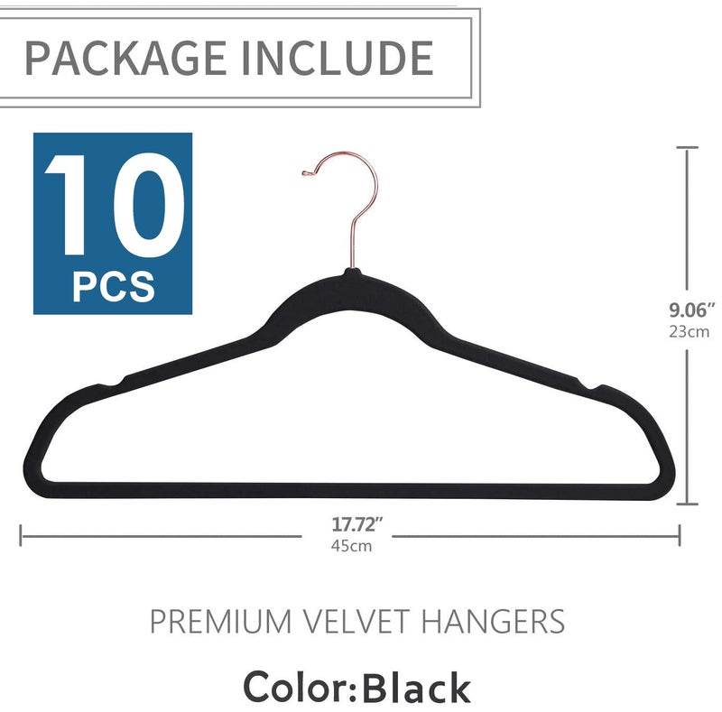 ZEPOLI Velvet Hangers 10 Pack, Non Slip Hangers with Rose Gold Color Swivel Hook, Slim Hangers Space Saving,Premium Velvet Hangers for Closet, Heavy Duty Velvet Hangers,Black - Image 2