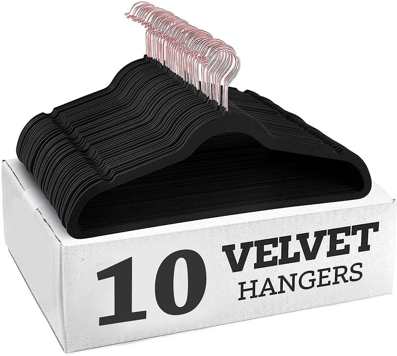 ZEPOLI Velvet Hangers 10 Pack, Non Slip Hangers with Rose Gold Color Swivel Hook, Slim Hangers Space Saving,Premium Velvet Hangers for Closet, Heavy Duty Velvet Hangers,Black - Image 1