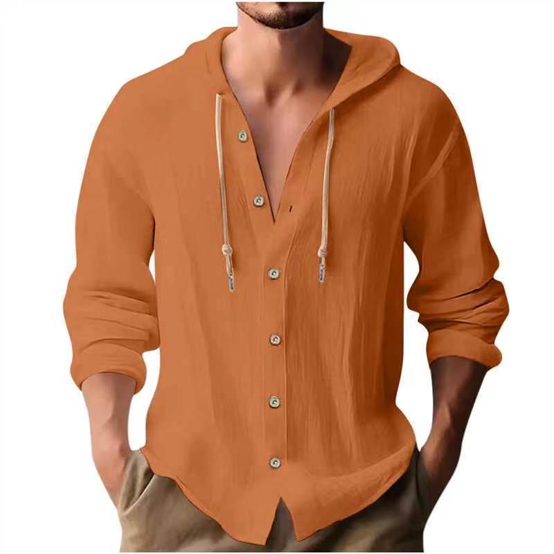 Generic Cross-border Mens Sports Casual Long Sleeve Shirt Cotton Linen Hooded Fashion Sweatshirt Trendy All-match Loose Beach T-shirt Orange