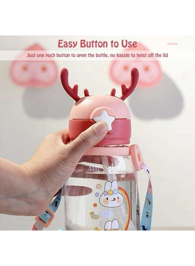 Kids Acrylic Water Bottle, 600ml, Antler Lid Design With Cartoon Characters, Straw Drinking Container - Image 5