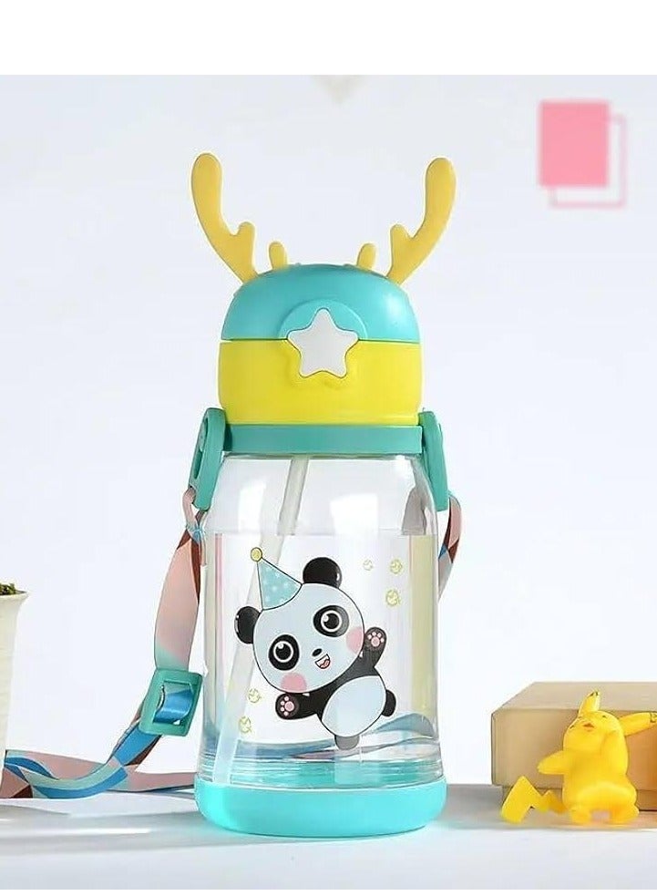 Kids Acrylic Water Bottle, 600ml, Antler Lid Design With Cartoon Characters, Straw Drinking Container - Image 1