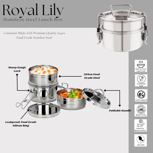 PDDFALCON Royal Lunch Box Stainless Steel Lunch Box Set, Leak-Proof & with Airtight Lids,BIS Certified, Jindal Seal & Made in India Portable, Ideal for Office & School (Royal Lily 700ml) - Image 3