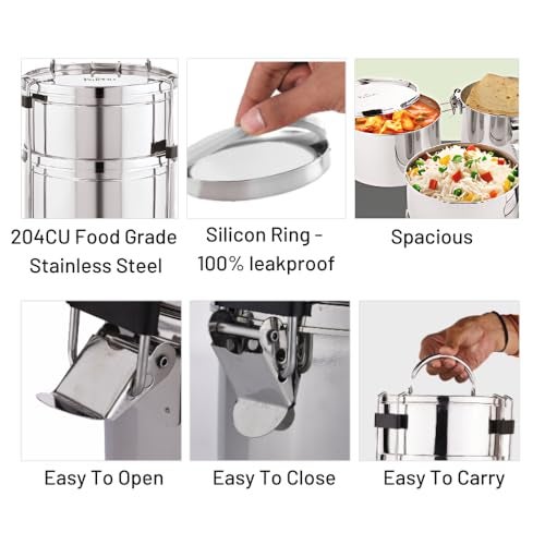 PDDFALCON Royal Lunch Box Stainless Steel Lunch Box Set, Leak-Proof & with Airtight Lids,BIS Certified, Jindal Seal & Made in India Portable, Ideal for Office & School (Royal Lily 700ml) - Image 4