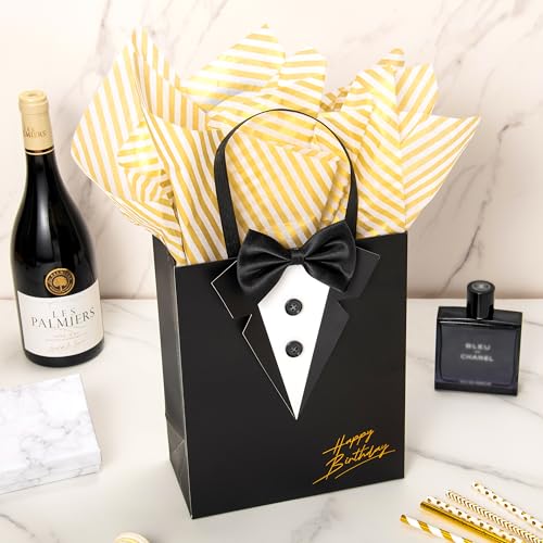 Crisky Happy Birthday Gift Bags for Men with Card & Tissue Paper, Classic Black 3D Tuxedo Real Bow Tie & Buttons, Birthday Gifts for Men Him Father Husband FriendsBoys Boyfriend Decorations - Image 4