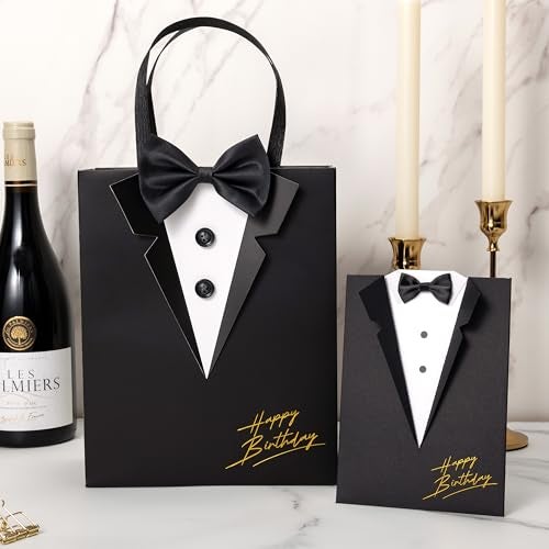 Crisky Happy Birthday Gift Bags for Men with Card & Tissue Paper, Classic Black 3D Tuxedo Real Bow Tie & Buttons, Birthday Gifts for Men Him Father Husband FriendsBoys Boyfriend Decorations - Image 3