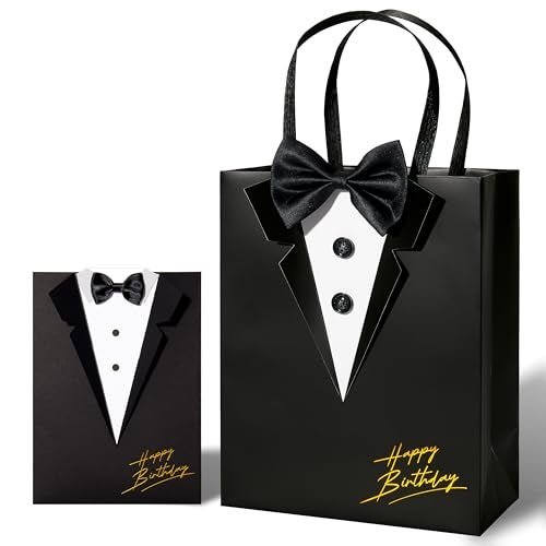 Crisky Happy Birthday Gift Bags for Men with Card & Tissue Paper, Classic Black 3D Tuxedo Real Bow Tie & Buttons, Birthday Gifts for Men Him Father Husband FriendsBoys Boyfriend Decorations - Image 1