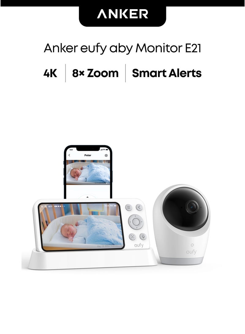 eufy Baby Monitor E21 with 4K Camera, Hybrid Wi-Fi and No Wi-Fi Connection, App and Monitor Control, Ultra-Clear Night View, Pan-Tilt, 8× Zoom, Portable Camera with Built-In Battery, ANR, Smart Alerts - Image 1