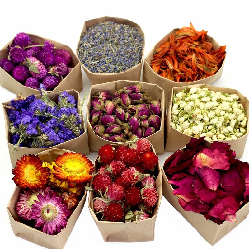 Oameusa 9 Bags Set Dried Flowers Artisan Dried Flower Kit  Candle Making Soap Making DIY Candel Natural FlowersLemonLavenderRoseleafPink RoseRed RoseJasmineRose Petal and More 