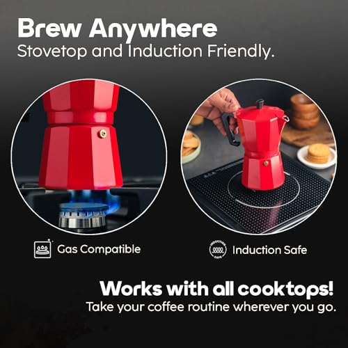 InstaCuppa 2-in-1 Moka Pot Espresso Maker | Stovetop & Induction Compatible | 300ml Premium Aluminium | Italian Style Percolator Coffee Brewer | Brews 4–6 Cups | Espresso, Americano & More, Red - Image 2
