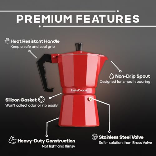 InstaCuppa 2-in-1 Moka Pot Espresso Maker | Stovetop & Induction Compatible | 300ml Premium Aluminium | Italian Style Percolator Coffee Brewer | Brews 4–6 Cups | Espresso, Americano & More, Red - Image 3