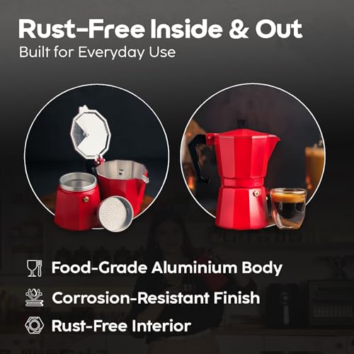 InstaCuppa 2-in-1 Moka Pot Espresso Maker | Stovetop & Induction Compatible | 300ml Premium Aluminium | Italian Style Percolator Coffee Brewer | Brews 4–6 Cups | Espresso, Americano & More, Red - Image 4