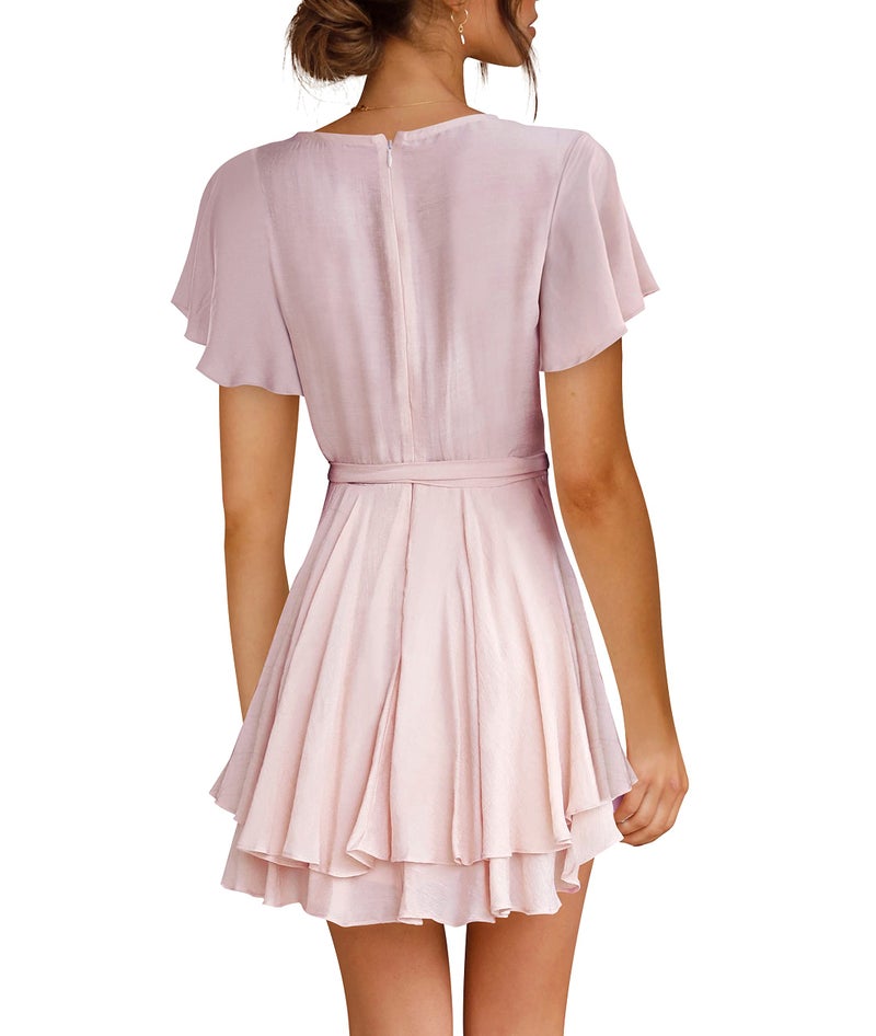 Cosonsen Womens Spring Wedding Guest Dress Short Sleeve Deep V-Neck Party Dress Pink M - Image 3