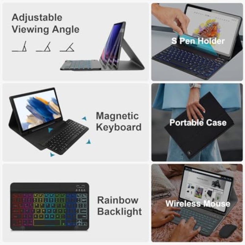 Keyboard Case with Mouse for Samsung Galaxy Tab A9+ 11-inch, Black 7-Color Backlit, Magnetic Detachable Keyboard, S Pen Holder - Image 3