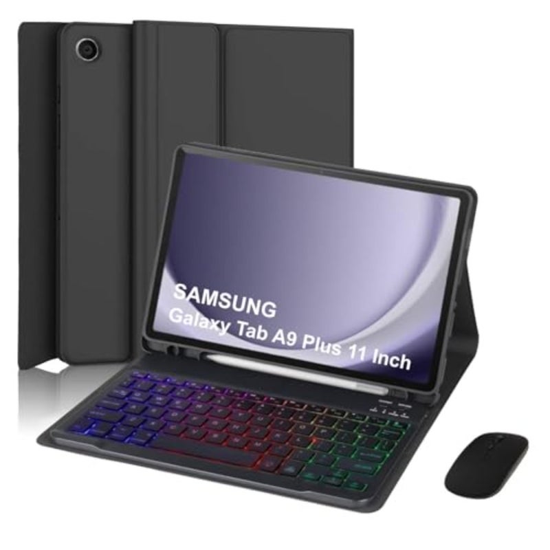 Keyboard Case with Mouse for Samsung Galaxy Tab A9+ 11-inch, Black 7-Color Backlit, Magnetic Detachable Keyboard, S Pen Holder - Image 1