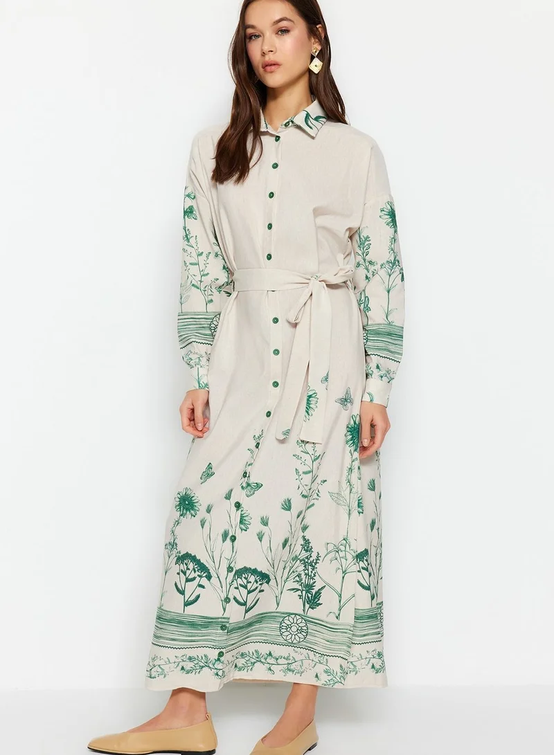 trendyol Belted Floral Print Shirt Dress