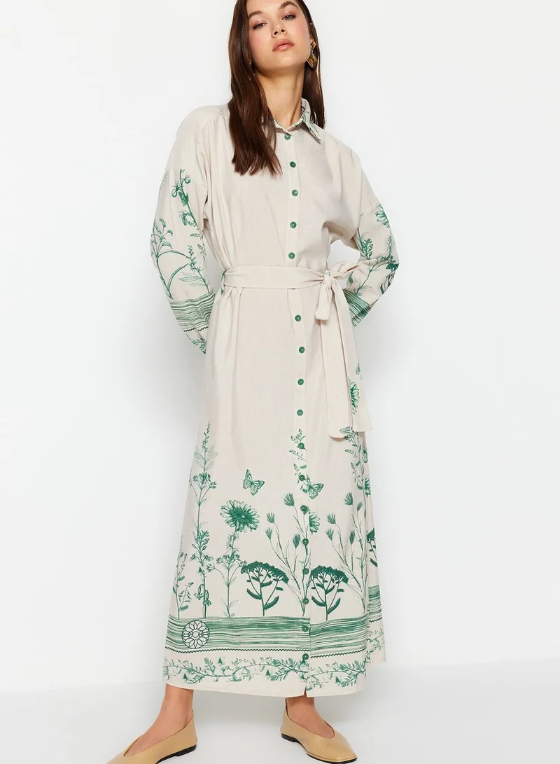 trendyol Belted Floral Print Shirt Dress