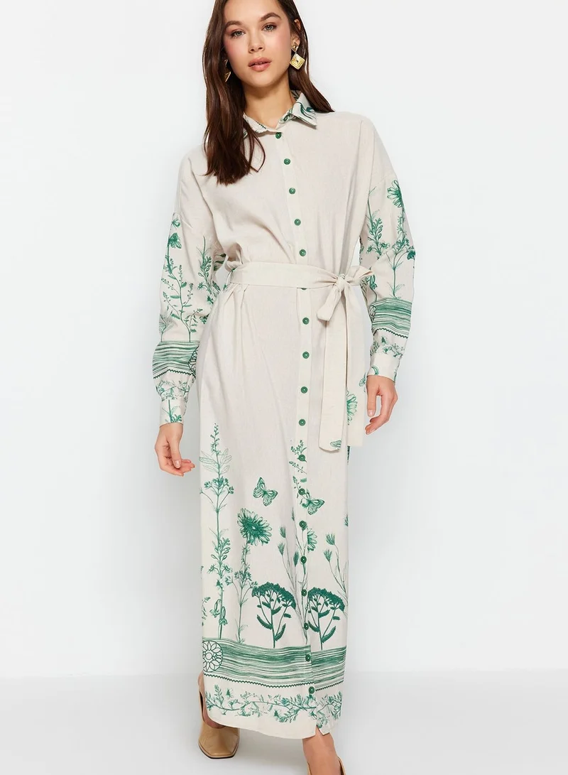 trendyol Belted Floral Print Shirt Dress