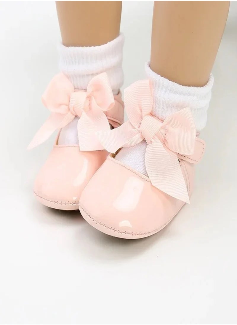 Lion Llama - Patent Baby Girl Anti-Slip Shoes – Elegant Design for Safety & Style for Babies, Childrens Flats With Ribbon Bow-knot PU Leather Shoes Pink color - Image 1