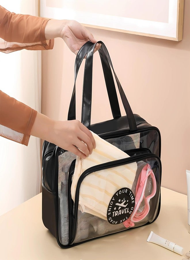 Gowloz Large Transparent PVC & PU Travel Bag - Black Multipurpose Tote (Pack of 1) | Waterproof Clear Handbag for Makeup, Toiletries, Gym & Travel Essentials - Image 3