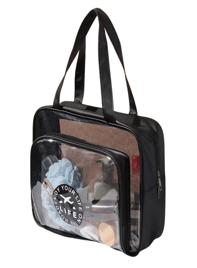 Gowloz Large Transparent PVC & PU Travel Bag - Black Multipurpose Tote (Pack of 1) | Waterproof Clear Handbag for Makeup, Toiletries, Gym & Travel Essentials - Image 1