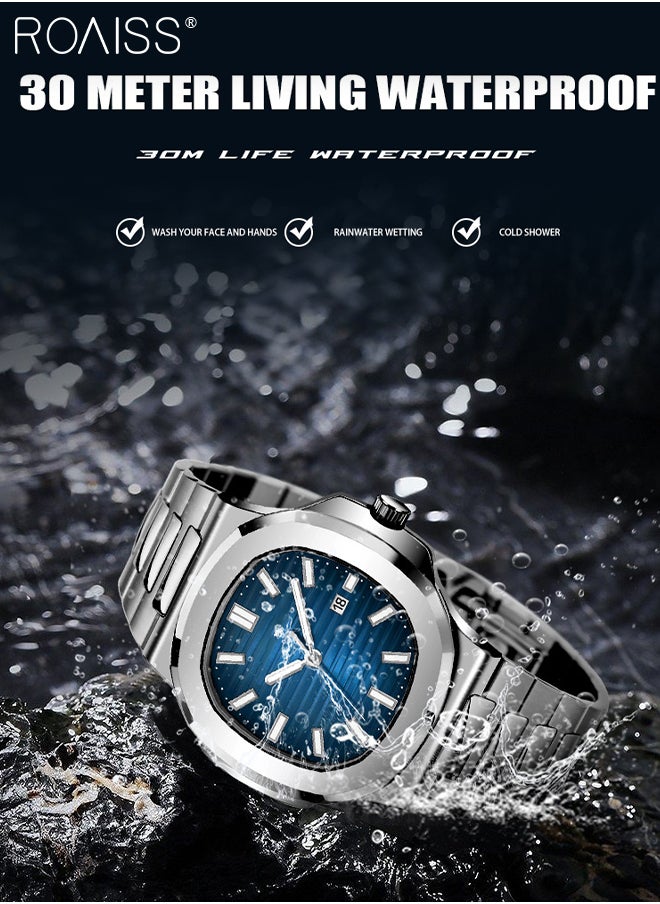 roaiss - Men's Stainless Steel Strap Quartz Watch Analog Display Square Blue Dial with Calendar Waterproof Luminous Nautilus Wristwatch as Gift for Men - Image 1