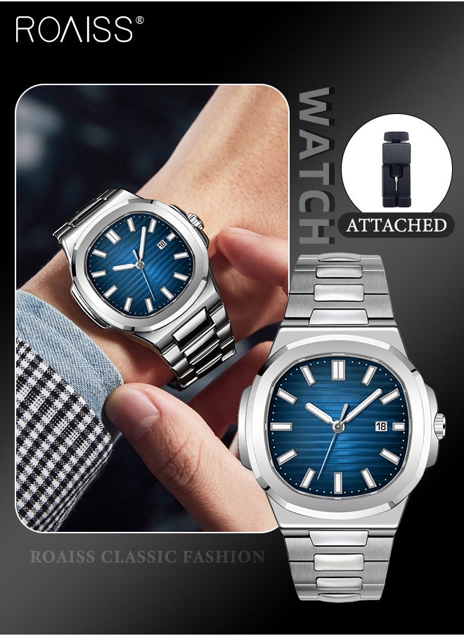 roaiss - Men's Stainless Steel Strap Quartz Watch Analog Display Square Blue Dial with Calendar Waterproof Luminous Nautilus Wristwatch as Gift for Men - Image 1