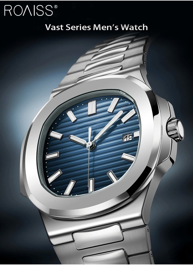 roaiss - Men's Stainless Steel Strap Quartz Watch Analog Display Square Blue Dial with Calendar Waterproof Luminous Nautilus Wristwatch as Gift for Men - Image 1