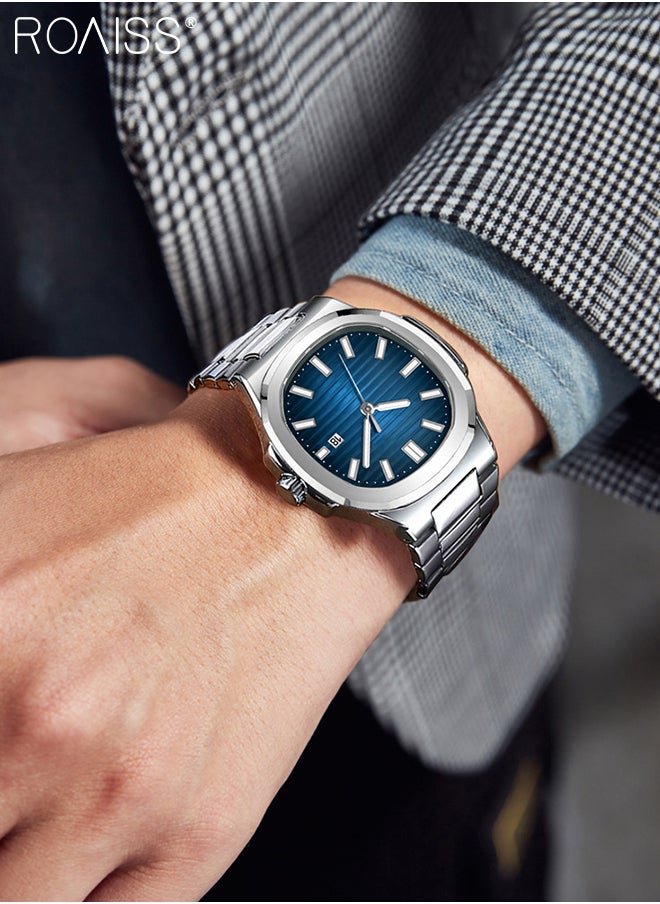 roaiss - Men's Stainless Steel Strap Quartz Watch Analog Display Square Blue Dial with Calendar Waterproof Luminous Nautilus Wristwatch as Gift for Men - Image 1
