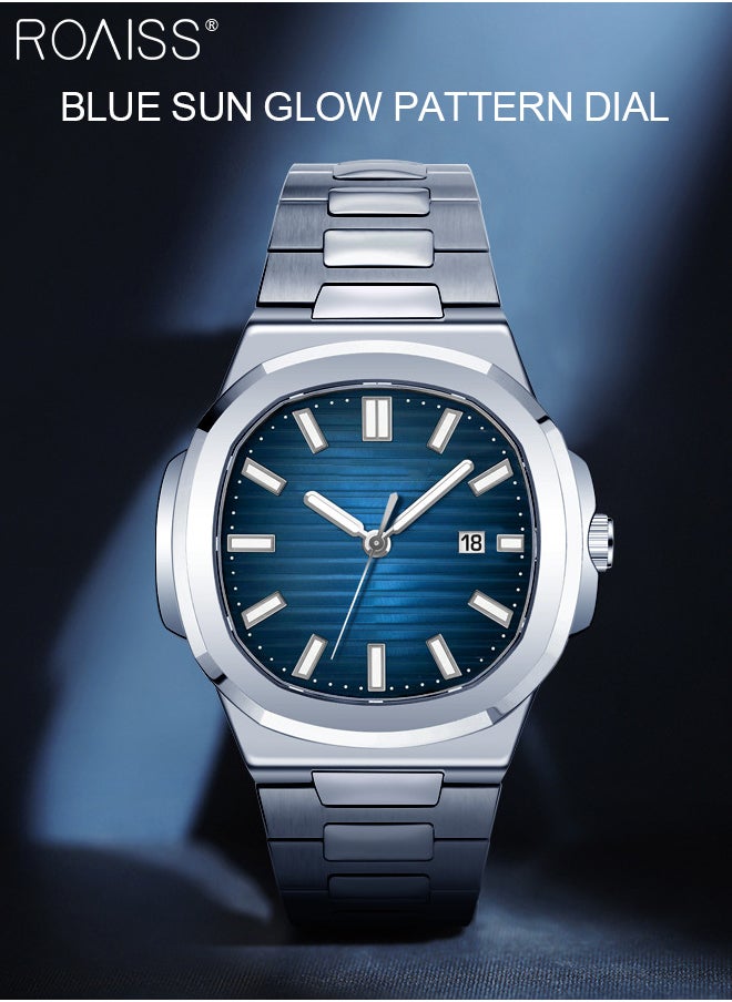 roaiss - Men's Stainless Steel Strap Quartz Watch Analog Display Square Blue Dial with Calendar Waterproof Luminous Nautilus Wristwatch as Gift for Men - Image 1