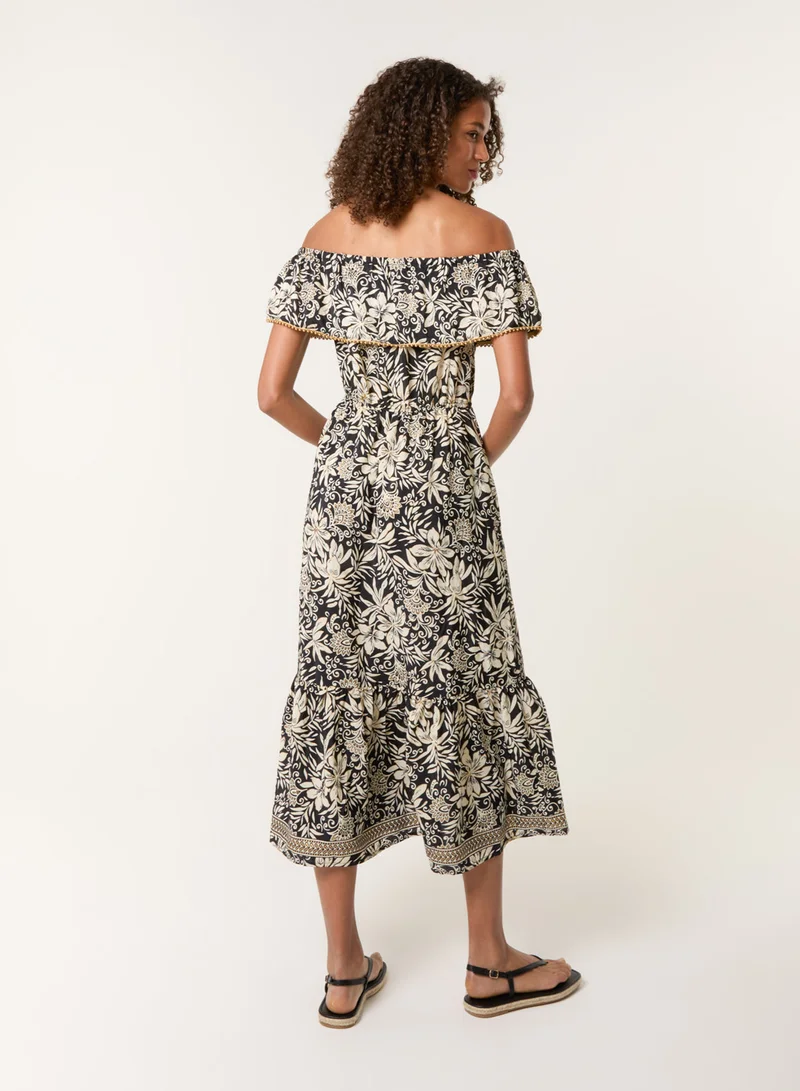 Blue Vanilla Gold Beaded Bardot Midi Dress