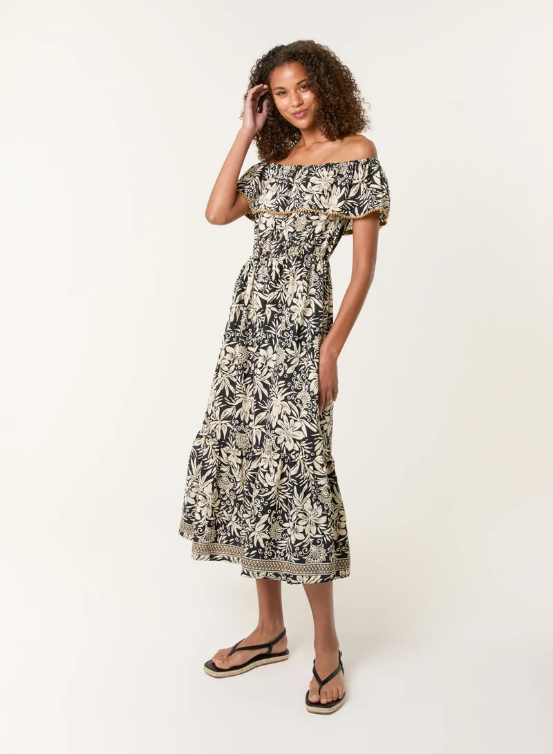 Blue Vanilla Gold Beaded Bardot Midi Dress