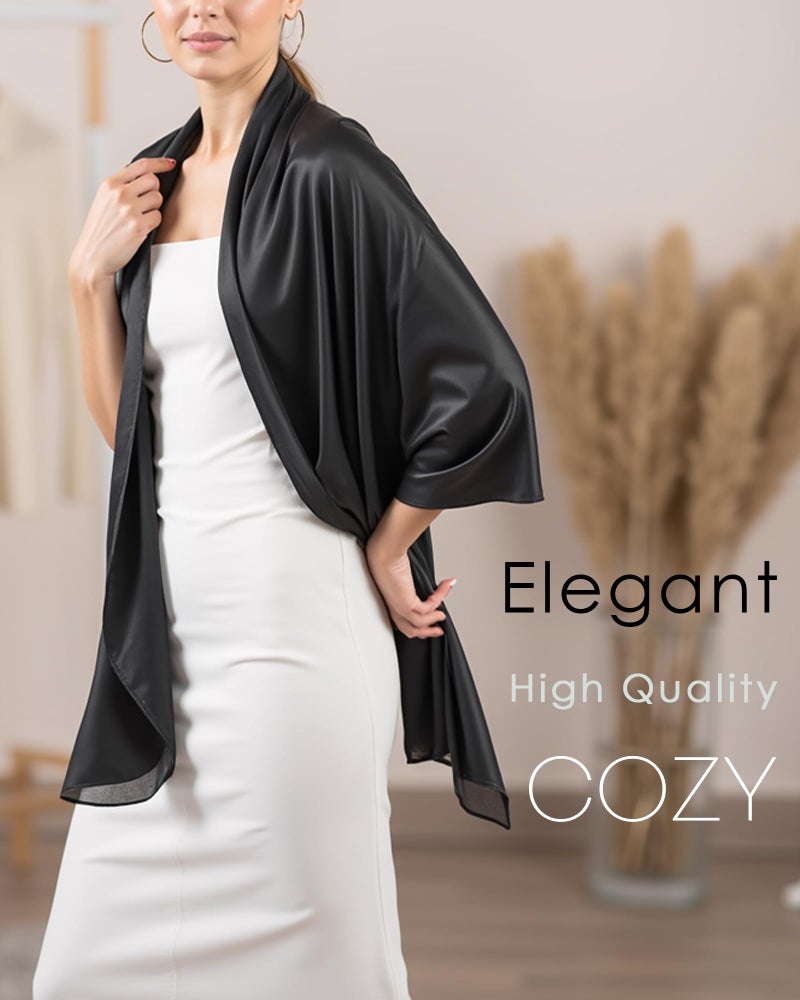 Sofier Satin Shawl Wraps for Women Evening Dresses Wedding Bridal Party Silky Scarf Formal Cover Up Bridesmaid Gifts Black - Image 2