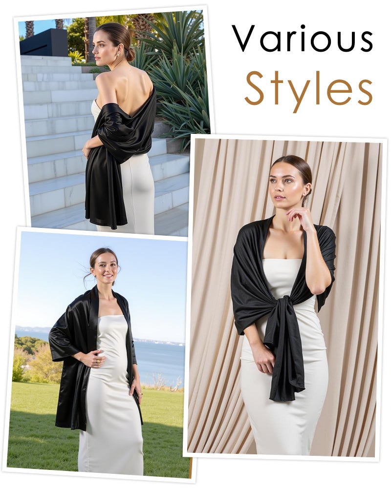 Sofier Satin Shawl Wraps for Women Evening Dresses Wedding Bridal Party Silky Scarf Formal Cover Up Bridesmaid Gifts Black - Image 5