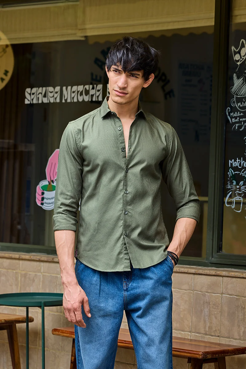 SNITCH Slim Fit Cotton Textured Olive Green Shirt