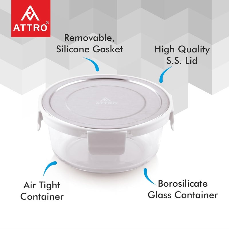 ATTRO Glassox Borosilicate Round Glass Lunch Box with Stainless Steel Lid Food Storage Container Microwave Freezer Safe BPAFree FoodGrade 620ml - Image 2