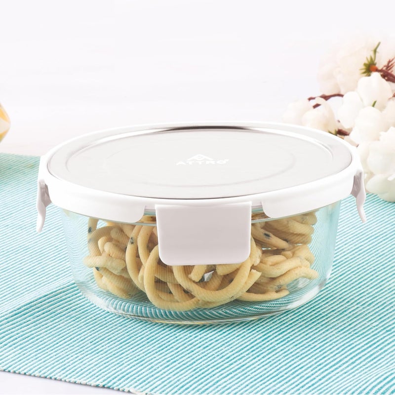 ATTRO Glassox Borosilicate Round Glass Lunch Box with Stainless Steel Lid Food Storage Container Microwave Freezer Safe BPAFree FoodGrade 620ml - Image 1