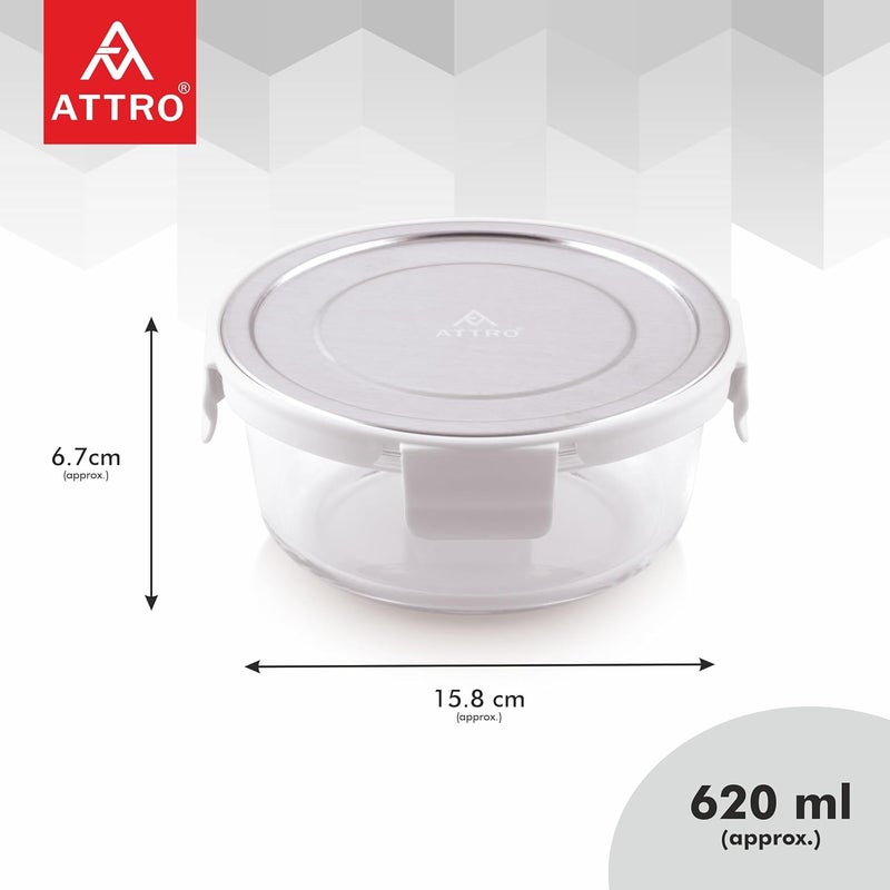 ATTRO Glassox Borosilicate Round Glass Lunch Box with Stainless Steel Lid Food Storage Container Microwave Freezer Safe BPAFree FoodGrade 620ml - Image 4